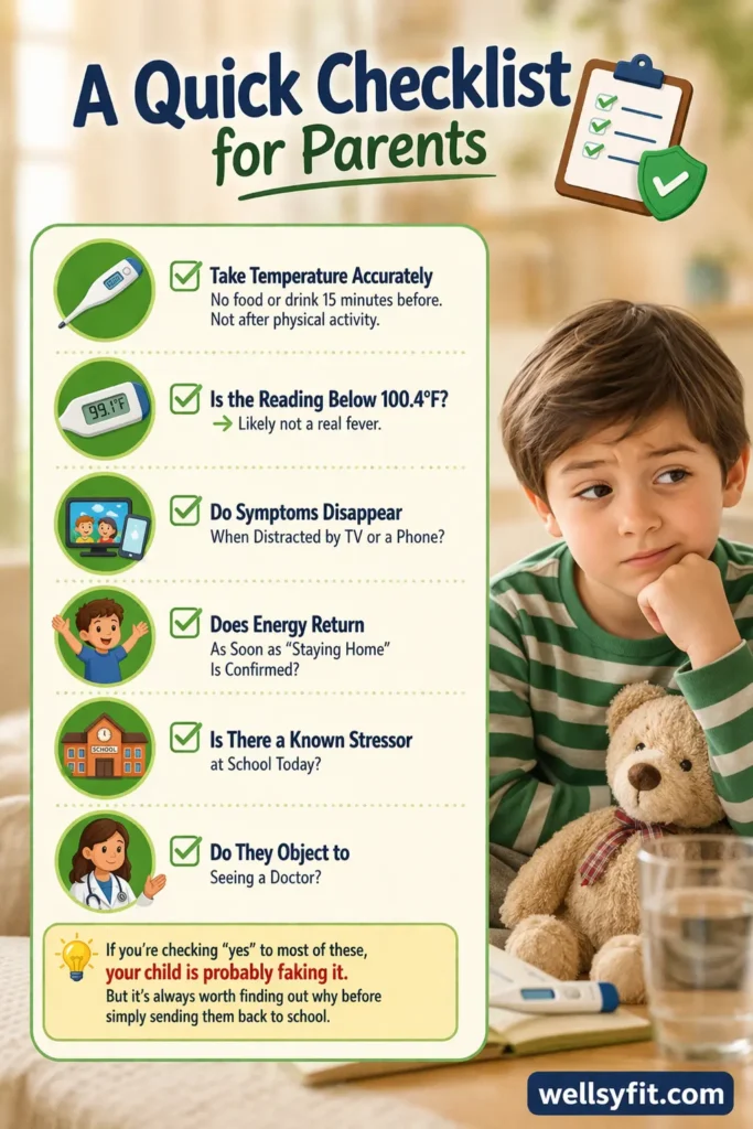 Checklist to spot if a child is faking a fever, with key signs